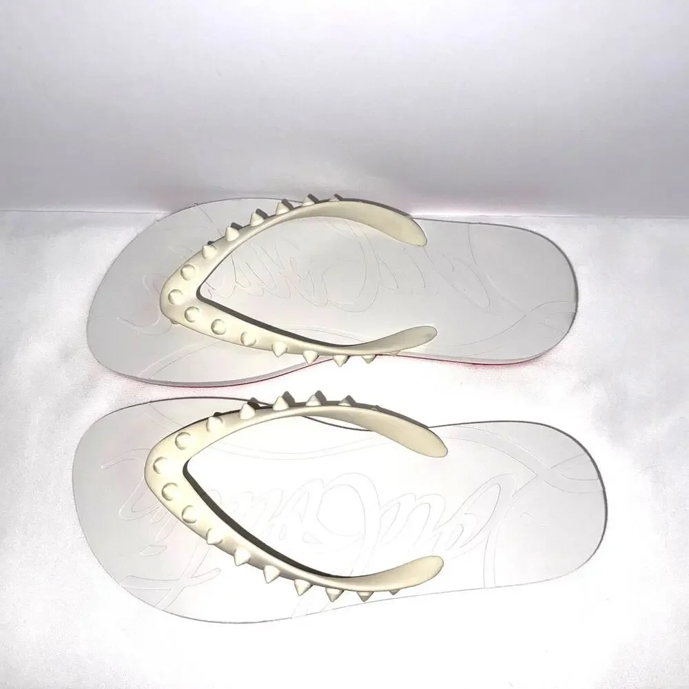 Authentic Christian Louboutin White Loubi Spikes Rubber Flip Flops Size 38